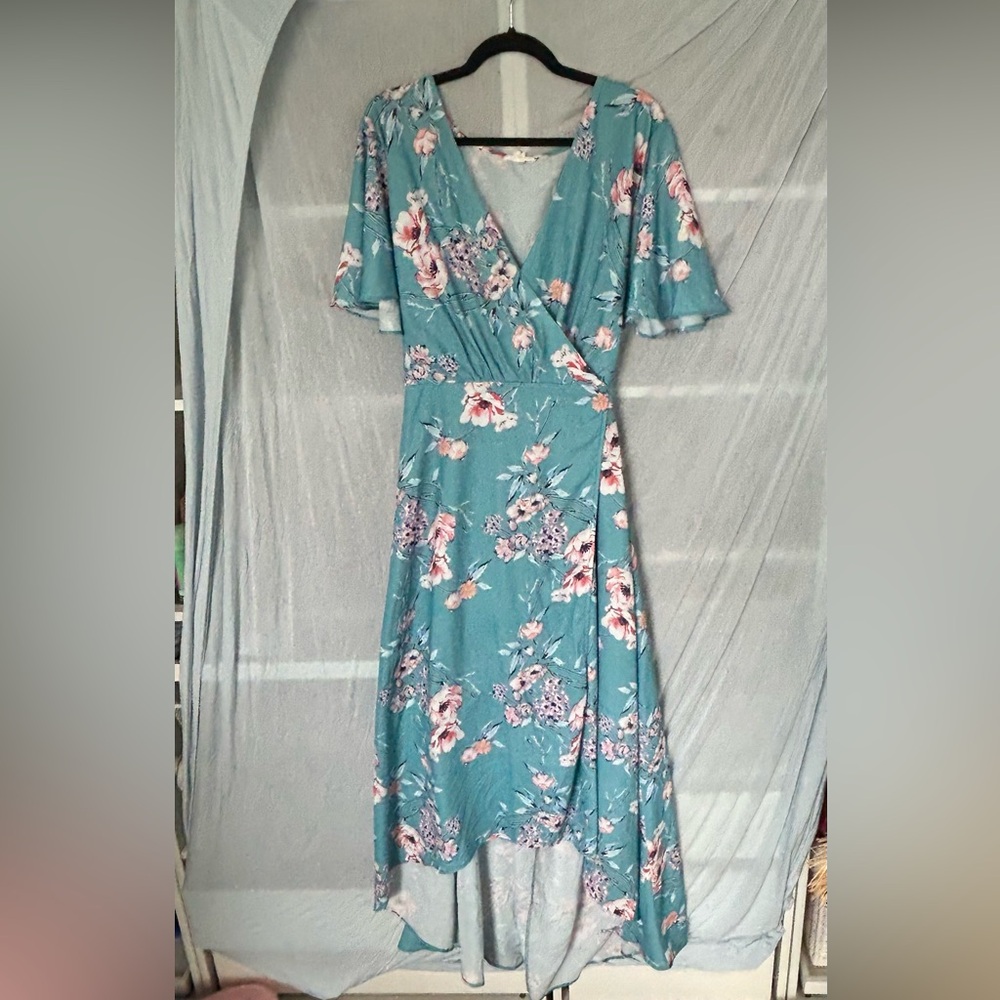 Soieblu teal floral wrap dress. High low